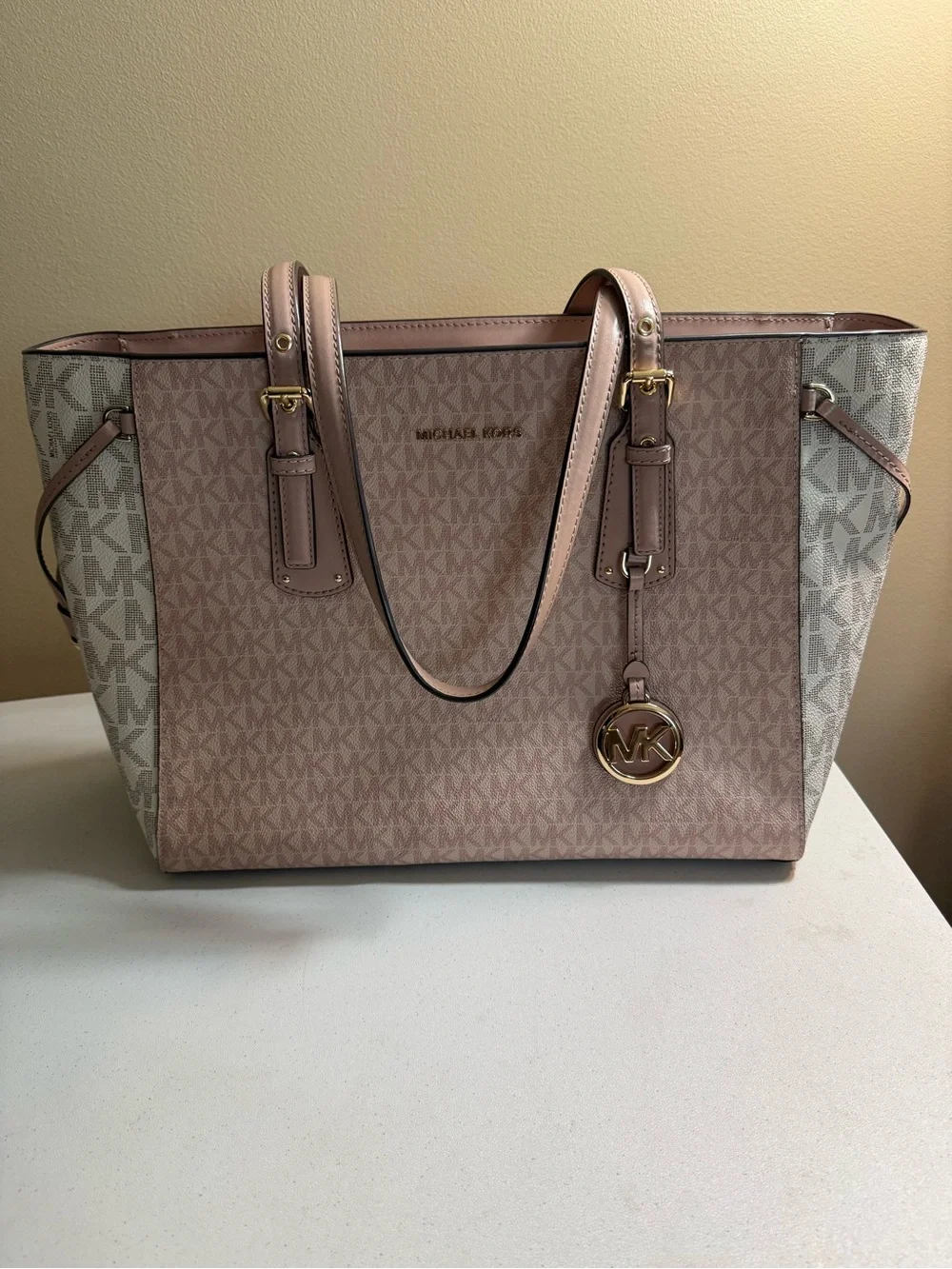 Michael Kors Blush Pink and Cream Signature Tote with Gold Hardware